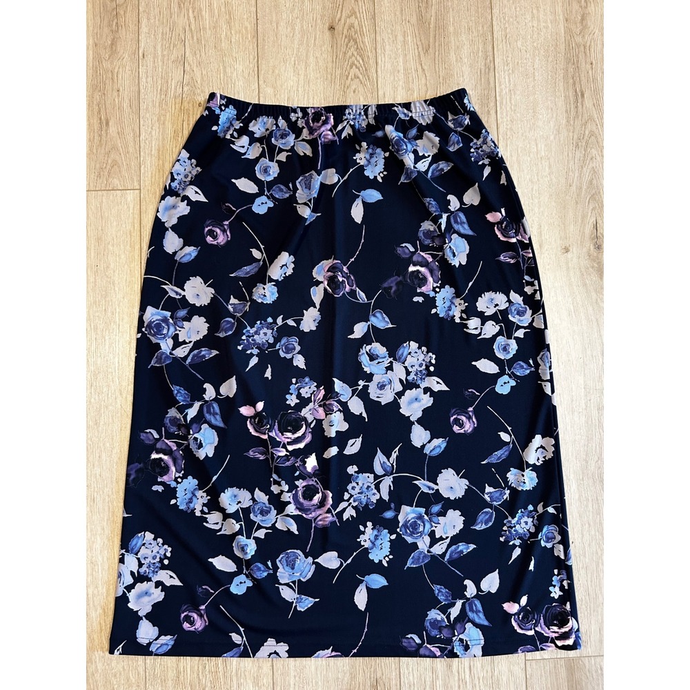 Y2K Dress Barn Vintage 90s Navy Blue Purple Floral Midi Skirt Elastic Waist 2X
